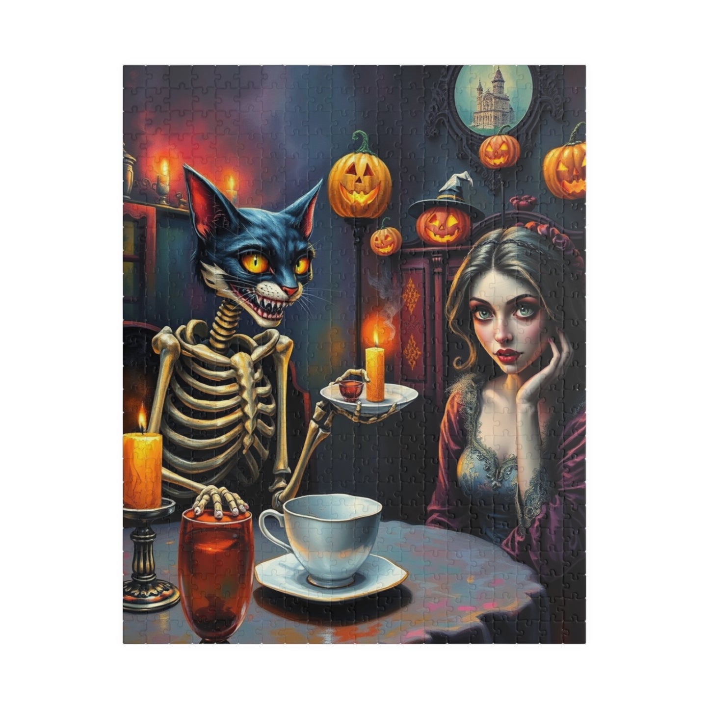 Whimsical Halloween Puzzle - Skeleton Cat Gothic Art, Spooky Gift, Family or Solo Fun, Halloween Decor, Unique Challenges, Holiday Activity 520 pcs (Vertical) Puzzle The Puzzle Chest