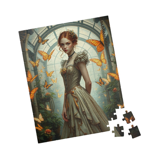 Puzzle, Steampunk Woman Futuristic Greenhouse Mechanical Butterflies Plants 110 pcs (Vertical) Puzzle The Puzzle Chest