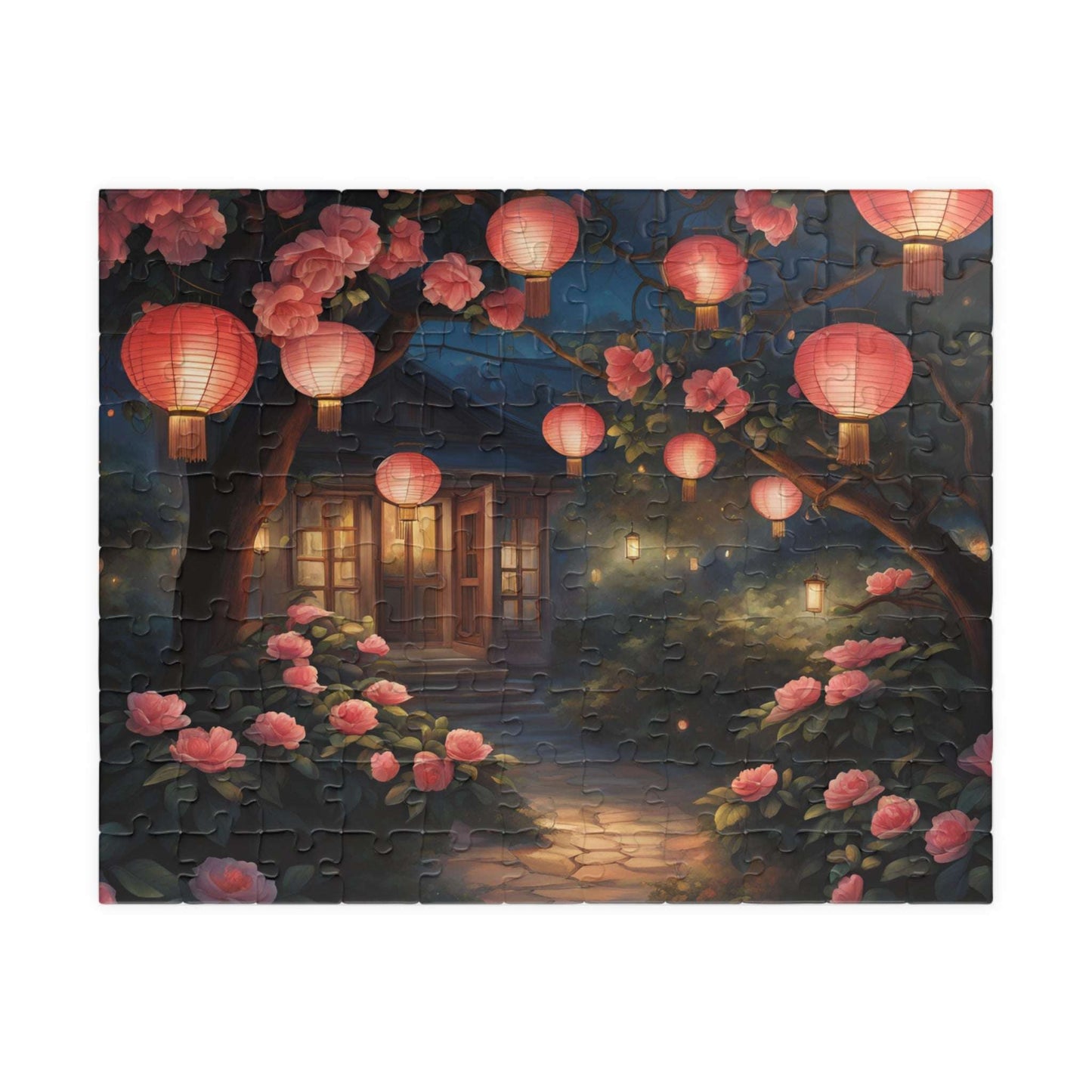 Jigsaw Puzzle, Nighttime Lanterns Glow Camellia Flowers 1000 Piece, Adult, Relaxation Activity, Stress Relief, Family Fun, Gift 110 pcs (Horizontal) Puzzle The Puzzle Chest