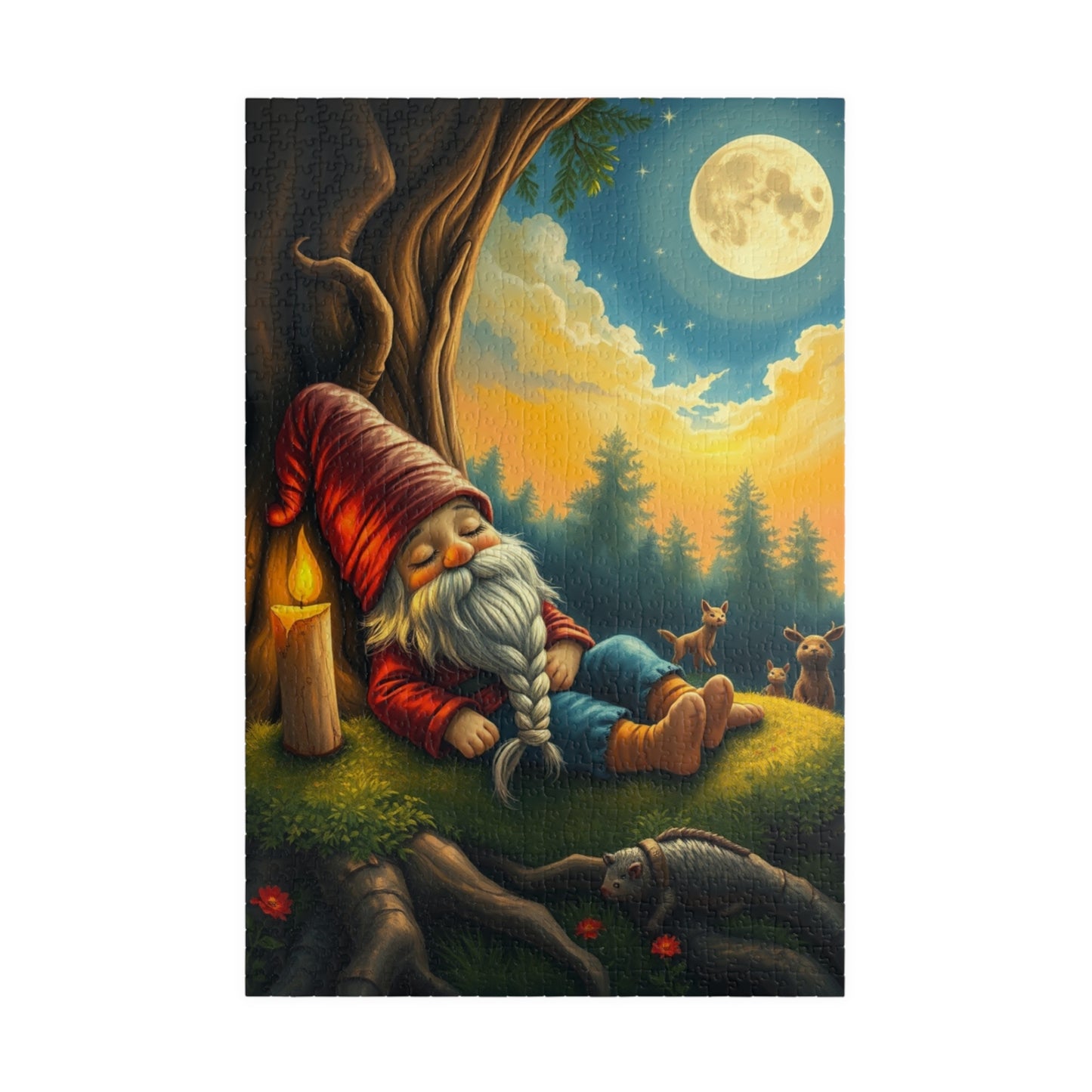 Slumbering Gnome Under the Moonlight Puzzle, Sleepy Gnome Night Scene Animals and Starry Sky, Fantasy Jigsaw Game, Mindful Puzzle Lover Gift 1014 pcs (Vertical) Puzzle The Puzzle Chest