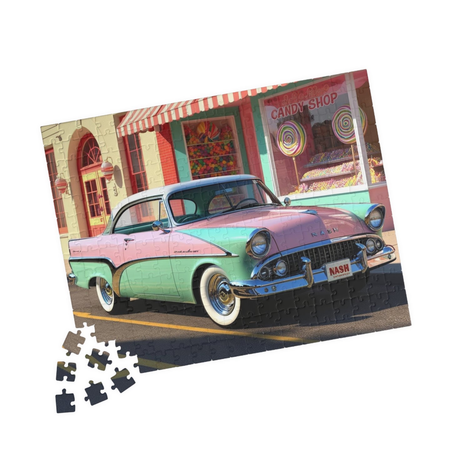 Vintage Car Puzzle - 1957 Metropolitan Classic Auto Jigsaw Game, Nostalgic Candy Shop Design Puzzle The Puzzle Chest