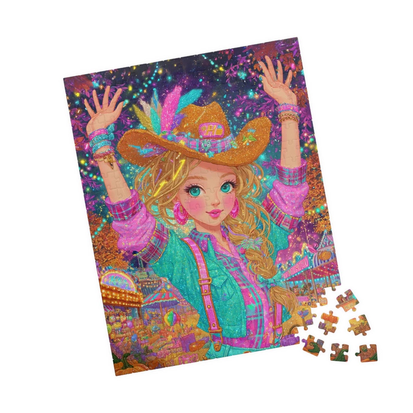 Confetti Skies & Cowgirl Vibes Jigsaw Puzzle, 1980s Neon Cowgirl Game for Family Gatherings, Solo Hobby, Gift for Puzzle Lover 252 pcs (Vertical) Puzzle The Puzzle Chest