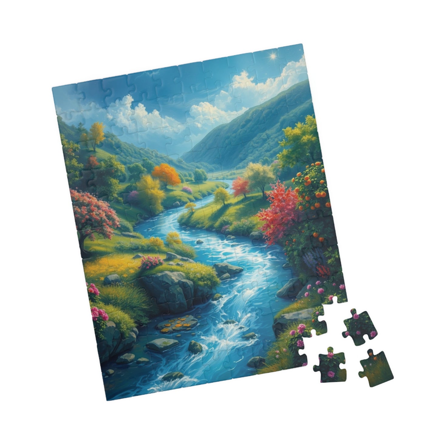 Mystical River Valley Jigsaw Puzzle, Fantasy Landscape with Vibrant Trees and Flowers, Ethereal Scene of Nature's Beauty and Tranquility Puzzle The Puzzle Chest