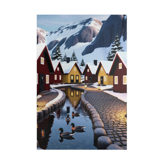Nordic Village Jigsaw Puzzle - Winter Scene, Snowy Peaks, Red Yellow Cottages 1014 pcs (Vertical) Puzzle The Puzzle Chest