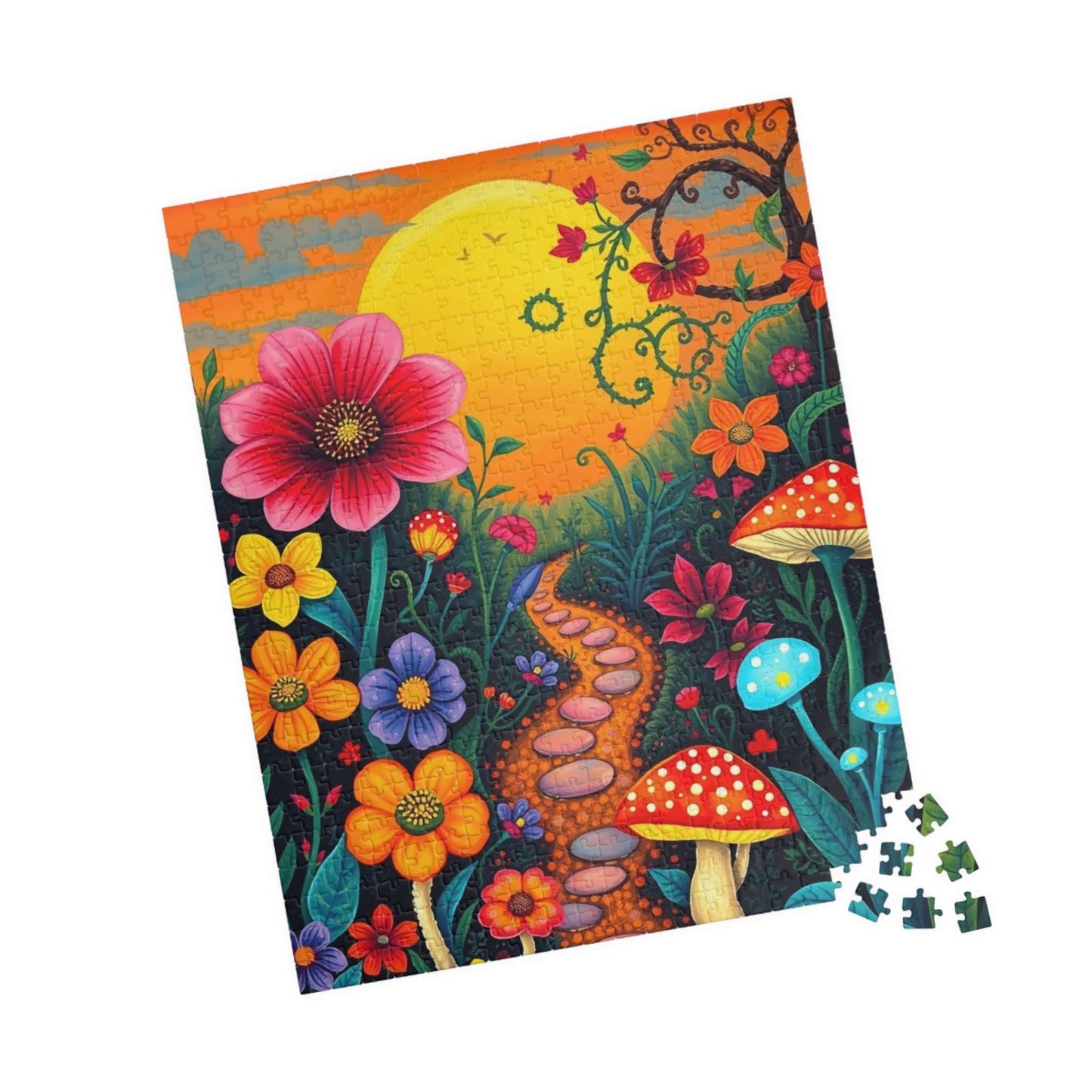 Jigsaw Puzzle, Whimsical Botanical Garden 110, 252, 520, 1014-piece - Flowers, Vines, Mushrooms, Sunset Background, Fantasy Puzzle Puzzle The Puzzle Chest