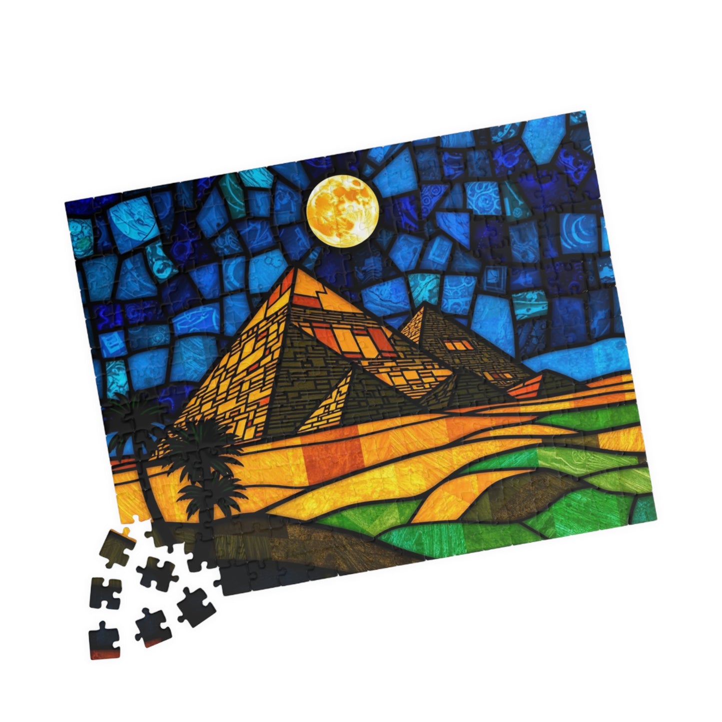 Stained Glass Pyramids of Giza Jigsaw Puzzle, Mosaic Style Starry Night, 110 252 520 1014-Piece, Egyptian Travel Hobby, Puzzle Lover Gift Puzzle The Puzzle Chest