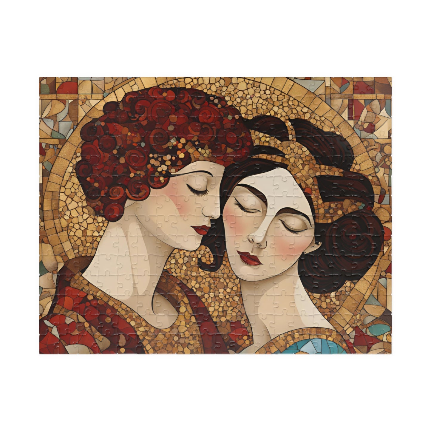 The Kiss Mosaic Jigsaw Puzzle, Klimt-inspired, Gold Accents Floral & Geometric Shapes Entwined Figures, Art Lover Gift Puzzle Enthusiast 252 pcs (Horizontal) Puzzle The Puzzle Chest