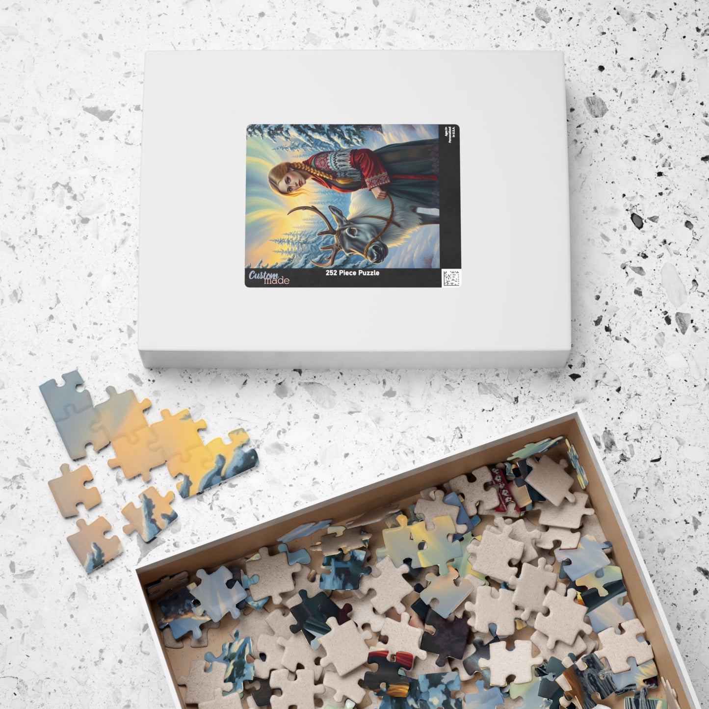 Nordic Cultural Winter Jigsaw Puzzle, Woman Guiding Reindeer Northern Lights, Sami Attire Snowy Forest, Best Unique Gift for Puzzle Lover Puzzle The Puzzle Chest