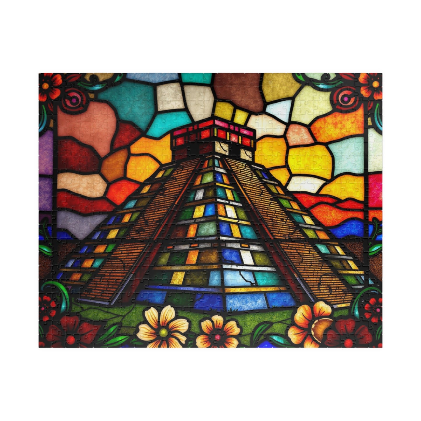 Stained Glass Chichen Itza Pyramid Jigsaw Puzzle, Historic Mayan Famous Landmark, Travel-Inspired Frameable Art Giftable Puzzle 520 pcs (Horizontal) Puzzle The Puzzle Chest
