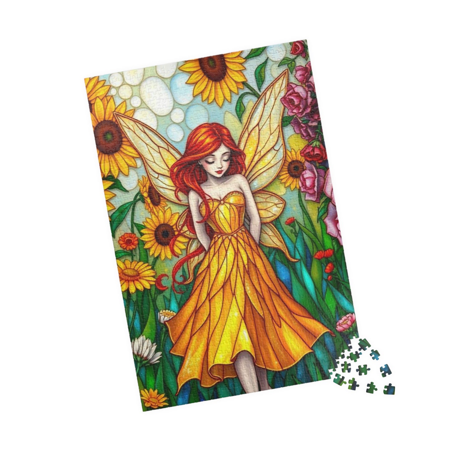 Fairy Sunflower Jigsaw Puzzle - Stained Glass Style, 110/252/520/1014-Piece, Hobby Game, Gift for Fantasy Lover Birthday Holiday