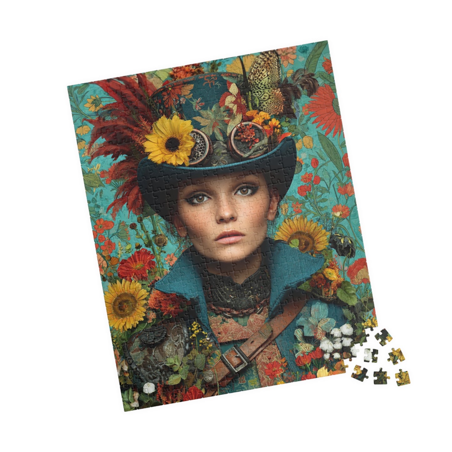 Colorful Steampunk Woman Jigsaw Puzzle – Intricate Floral Portrait with Detailed Hat Design 520 pcs (Vertical) Puzzle The Puzzle Chest
