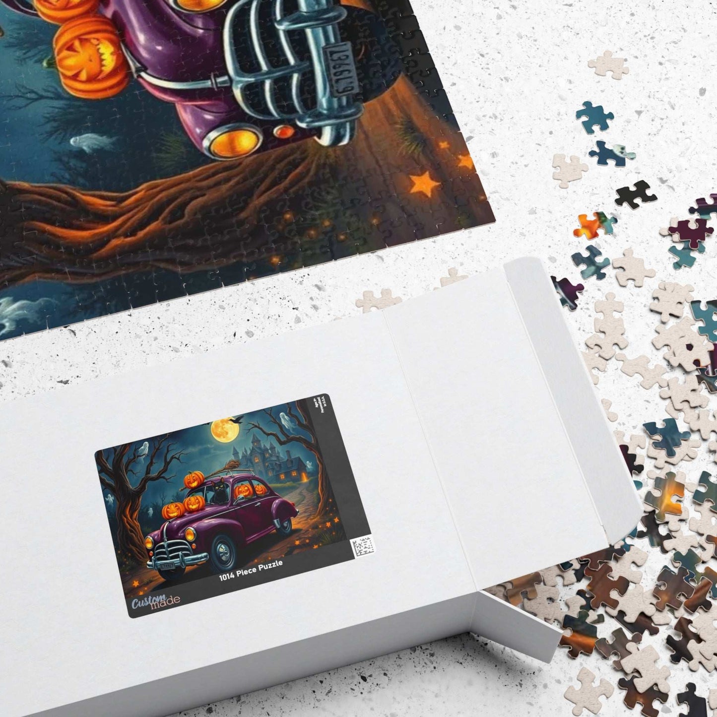Halloween-Themed Vintage Car Jigsaw Puzzle with Cats, Ghosts and Pumpkins
