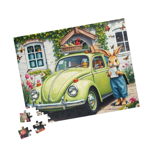 Springtime Garden Delivery Vintage Car Puzzle, Classic Retro Auto Jigsaw Game with Easter Rabbit Puzzle The Puzzle Chest