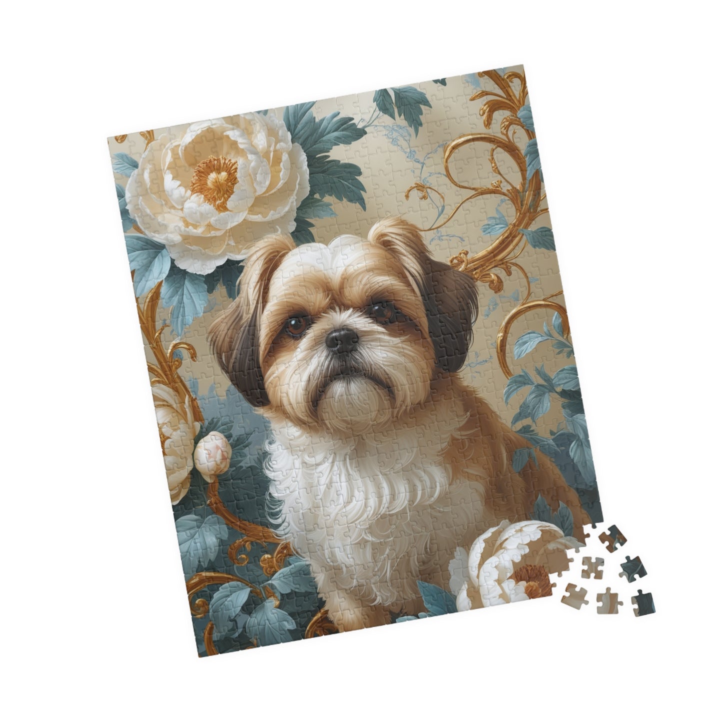Jigsaw Puzzle - William Morris-Inspired Design with Shih Tzu and Peonies, 110, 252, 520, 1014-piece, Mind Teaser Brain Game Family Fun, Gift
