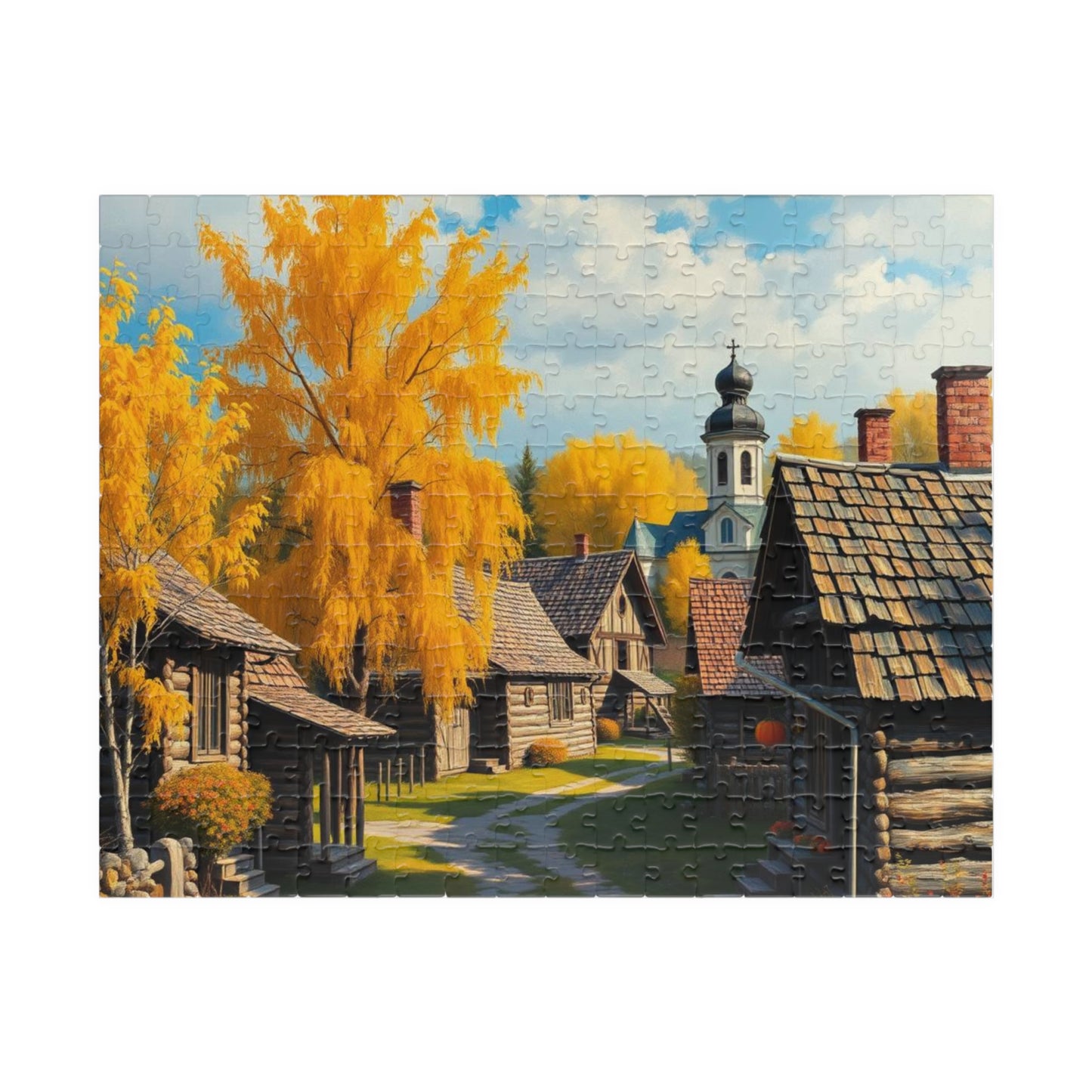 Rustic Slavic Village Jigsaw Puzzle for Adults, Autumn Wooden Cottages Golden Birch Trees, Gift for Friends, Family Activity, Creative Hobby 252 pcs (Horizontal) Puzzle The Puzzle Chest