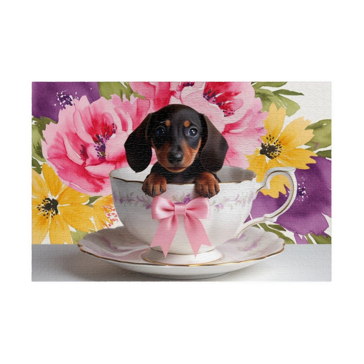 Cute Dachshund Puppy in Teacup Puzzle, Fun Family Activity, Pet Lovers Gift, 110-1014 Piece Puzzle, Dog-Themed Decor, Gift for Animal Lovers 1014 pcs (Horizontal) Puzzle The Puzzle Chest