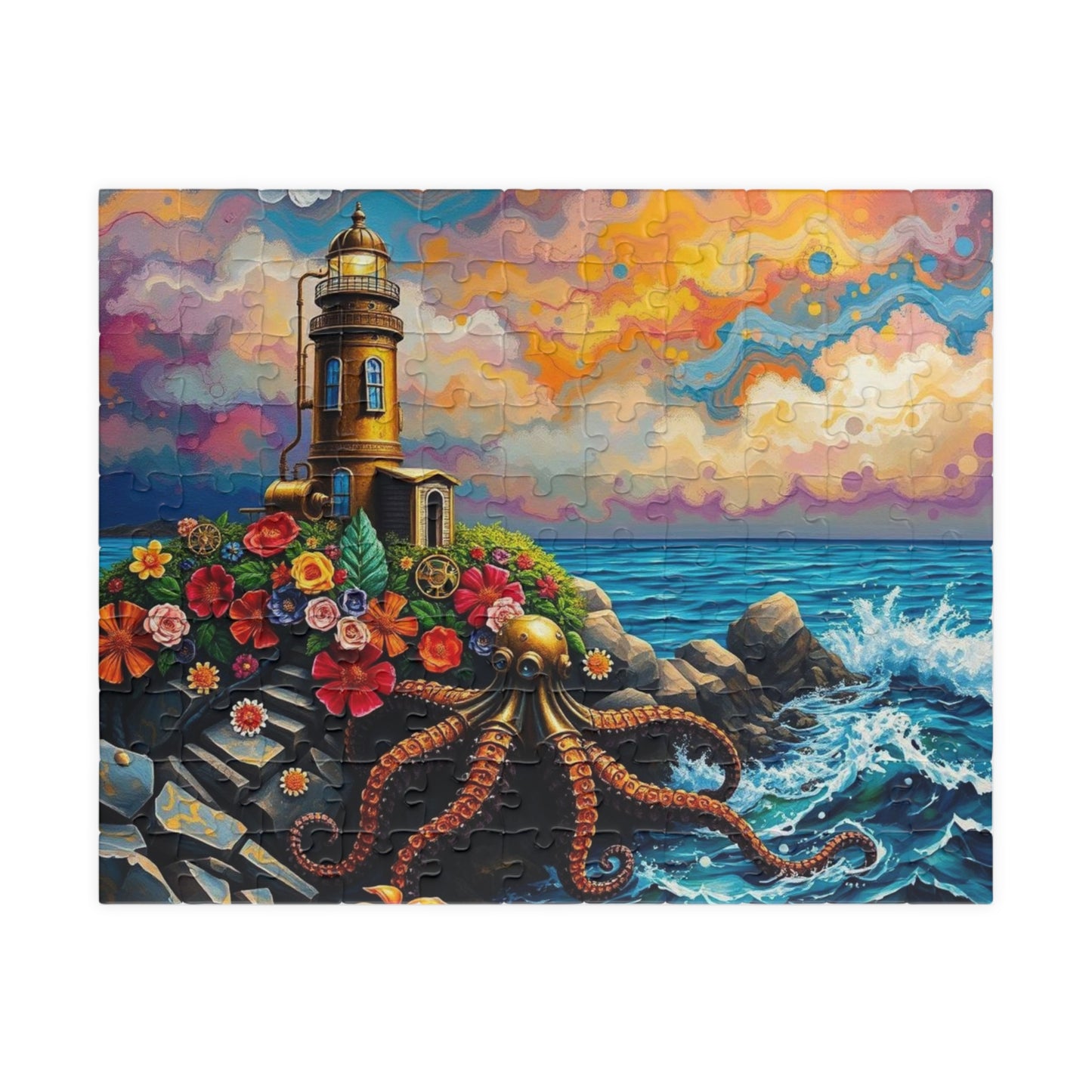 Ocean Lighthouse Puzzle - Steampunk Jigsaw Game for Adults, Nautical Theme Home Entertainment, Mindfulness Activity, Holiday Birthday Gift 110 pcs (Horizontal) Puzzle The Puzzle Chest