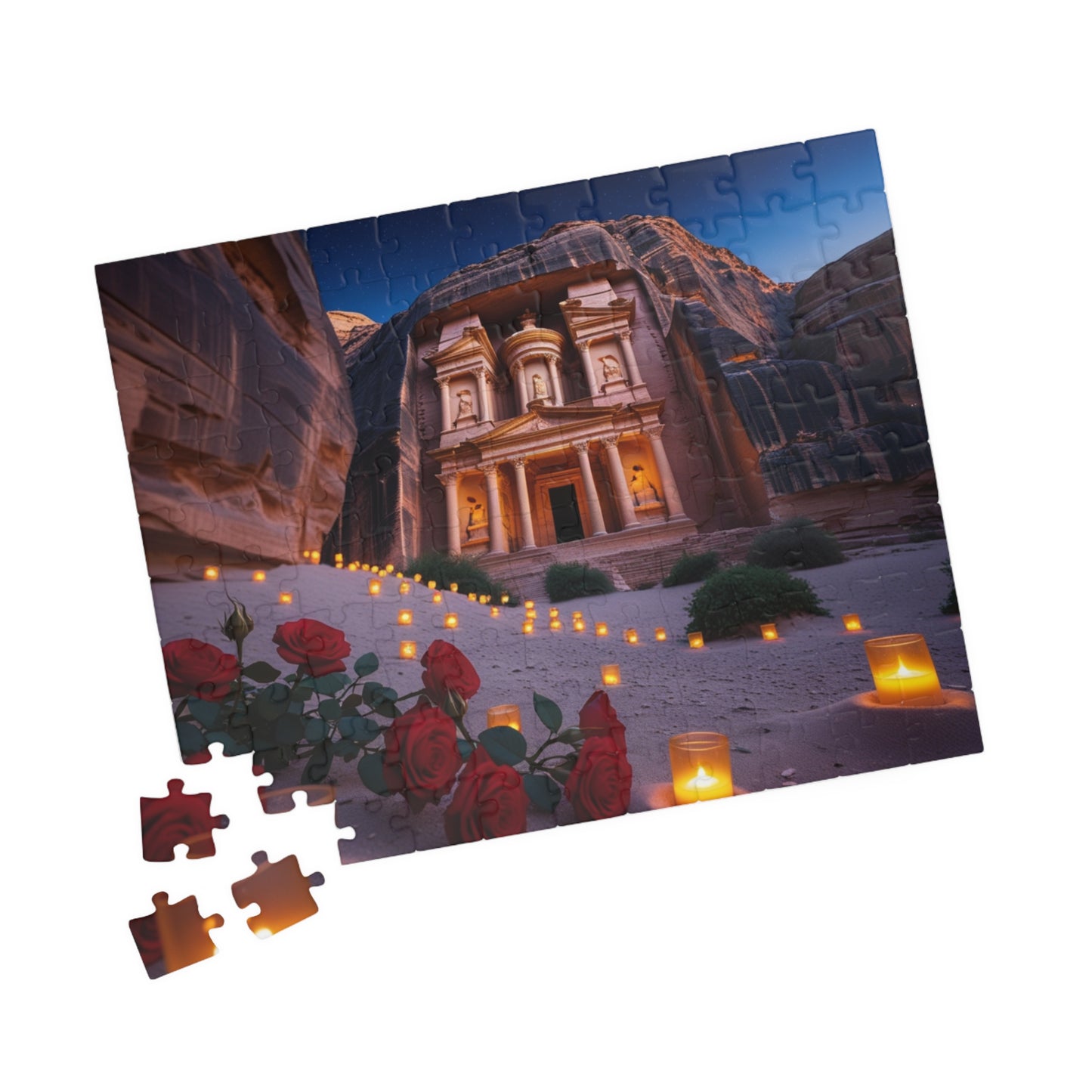 The Treasury at Petras Twilight Jigsaw Puzzle, Famous Ancient Landmark, Candlelit Lanterns Desert Roses, Mindfulness Gift for Puzzle Lover Puzzle The Puzzle Chest