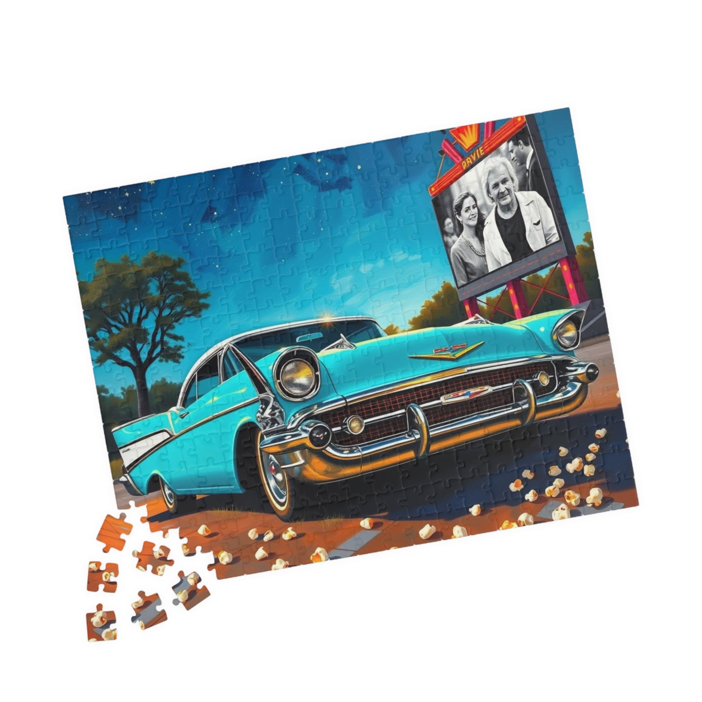 Nostalgic 1950s Car Puzzle, Turquoise Bel Air at Neon-Lit Drive-In, Classic American Car Enthusiast, Best Gift for Him, Mindfulness Puzzle The Puzzle Chest