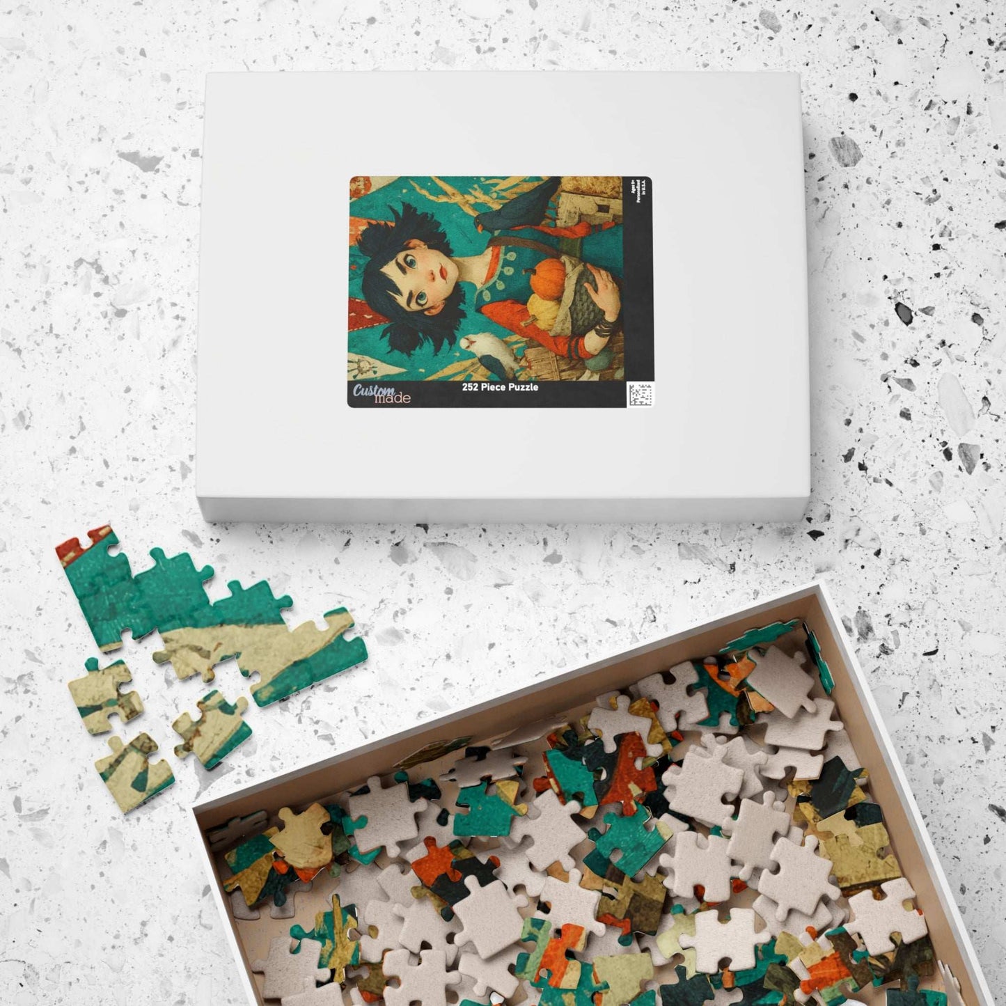 Whimsical Harvest Festival Jigsaw Puzzle - Asian Girl Fairy-Tale Autumn Scene with Doves, Gourds, Hay Bales, Crates, and Festive Banners Puzzle The Puzzle Chest