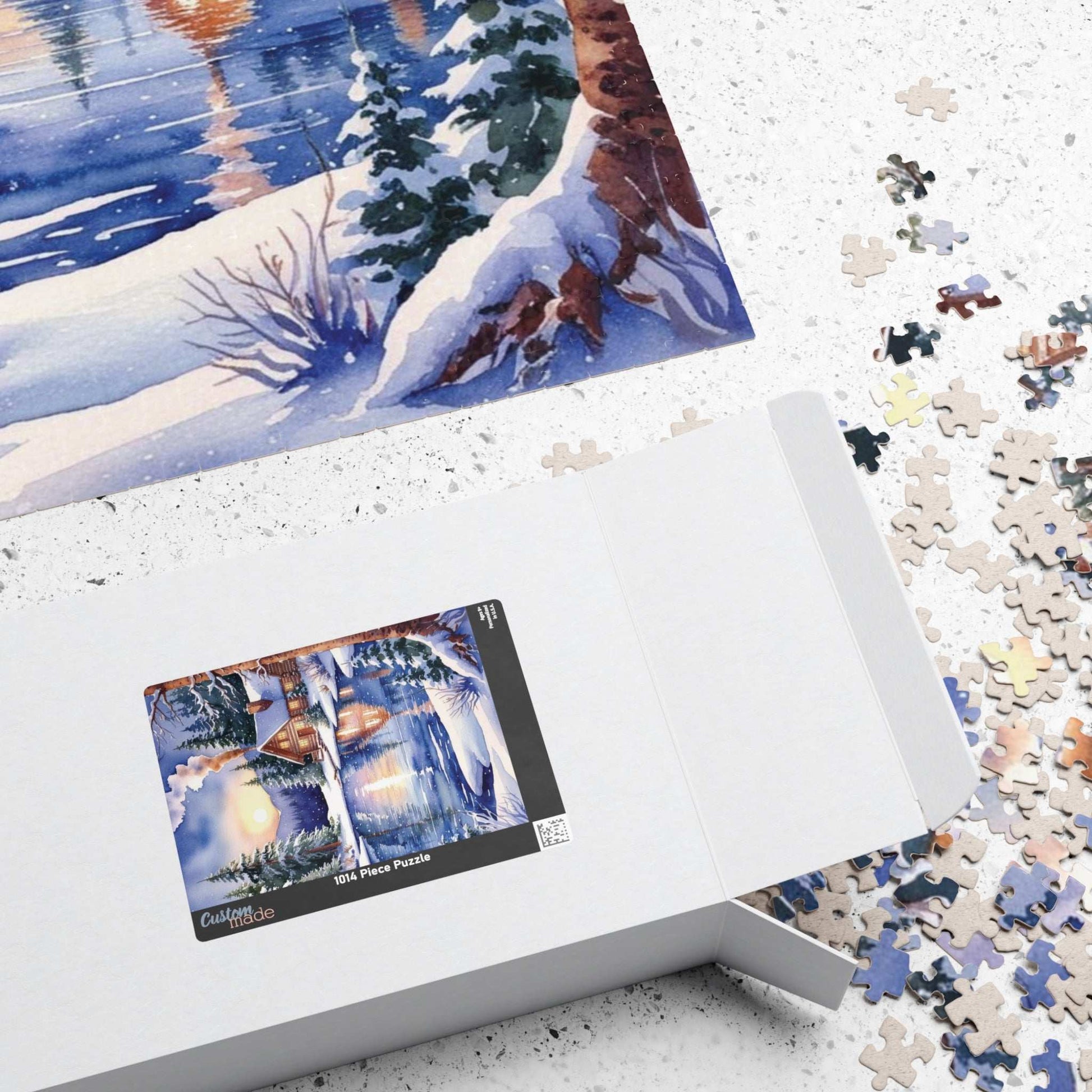 Winter Snowy Landscape Jigsaw Puzzle, Cozy Log Cabin, 110-1014 Piece Puzzle, Watercolor Style, Christmas Gift, Relaxing Activity, Giftable Puzzle The Puzzle Chest