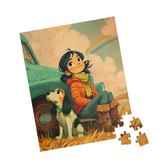 Cheerful Country Girl Jigsaw Puzzle – Whimsical Cartoon Truck, Dog and Rainbow Countryside Scene 110 pcs (Vertical) Puzzle The Puzzle Chest