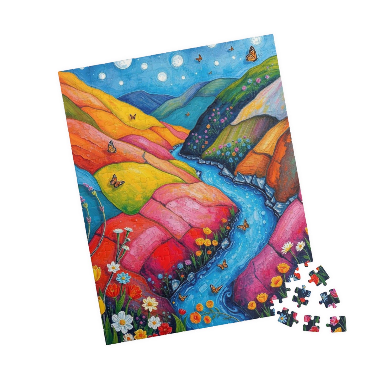 Meadow Stream Melody - River Through Candy Hill Jigsaw Puzzle Collection, Beautiful Nature Puzzle, Colorful Landscape Art, Puzzle Lover Gift, Family Fun, 110/252/520/1014 Puzzle The Puzzle Chest
