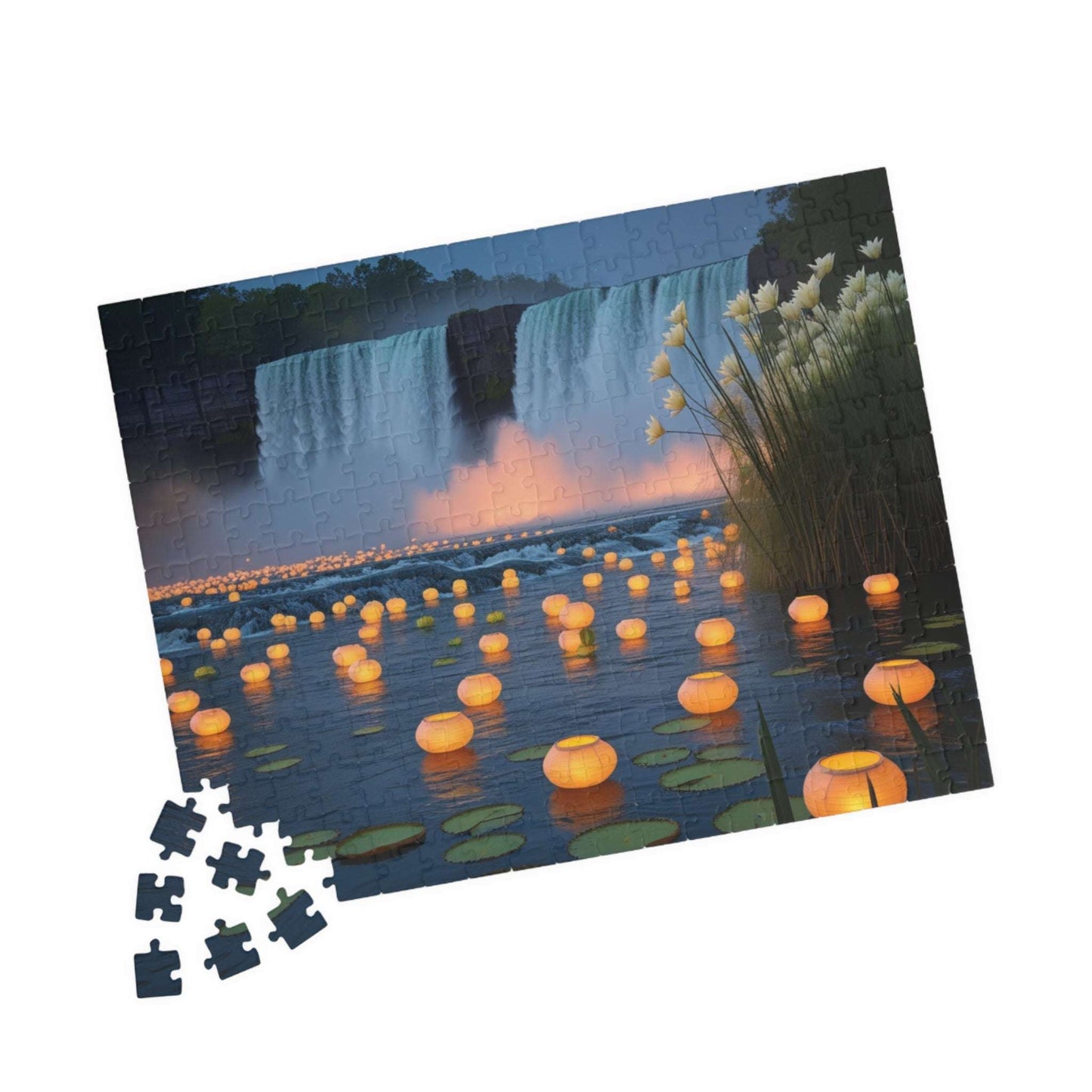 The Mighty Niagara Falls Landmark Jigsaw Puzzle, Nighttime Scene with Floating Lanterns and Lilies, Gift for Nature Lover, Puzzle Enthusiast Puzzle The Puzzle Chest