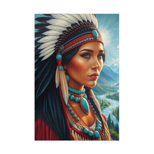 Puzzle, Indigenous Bride with Dark Eyes and Tan Skin, Buckskin Dress, Turquoise Necklace, Feather Headdress Natural Landscape, Mountains, 1014 pcs (Vertical) Puzzle The Puzzle Chest