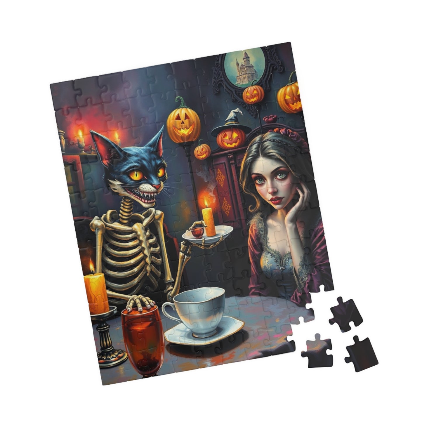 Whimsical Halloween Puzzle - Skeleton Cat Gothic Art, Spooky Gift, Family or Solo Fun, Halloween Decor, Unique Challenges, Holiday Activity Puzzle The Puzzle Chest