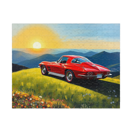 Classic Car Puzzle - Vintage 1963 Stingray, Spring Sunset Scene Jigsaw Game 252 pcs (Horizontal) Puzzle The Puzzle Chest