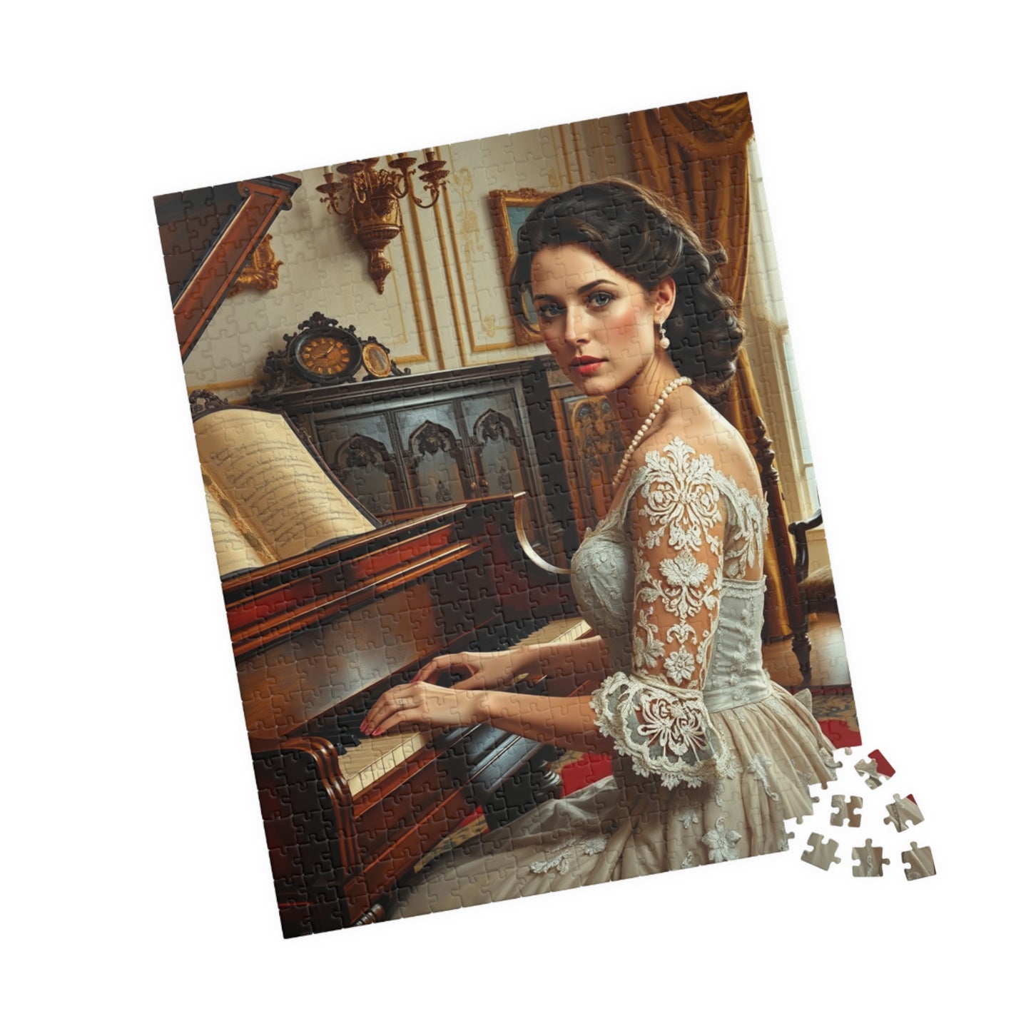 Victorian Woman Art Jigsaw Puzzle (110-1014 Piece), Vintage Drawing Room, Lady Playing Piano in Lace and Pearl Gown, Art Enthusiast Gift Puzzle The Puzzle Chest