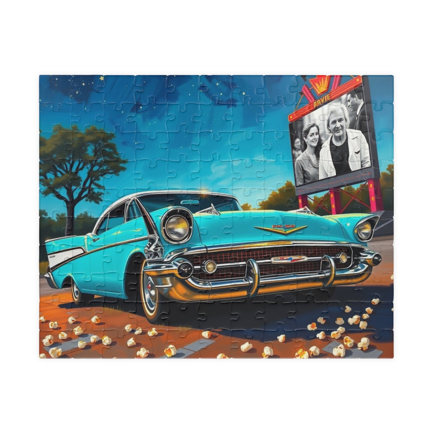 Nostalgic 1950s Car Puzzle, Turquoise Bel Air at Neon-Lit Drive-In, Classic American Car Enthusiast, Best Gift for Him, Mindfulness 110 pcs (Horizontal) Puzzle The Puzzle Chest