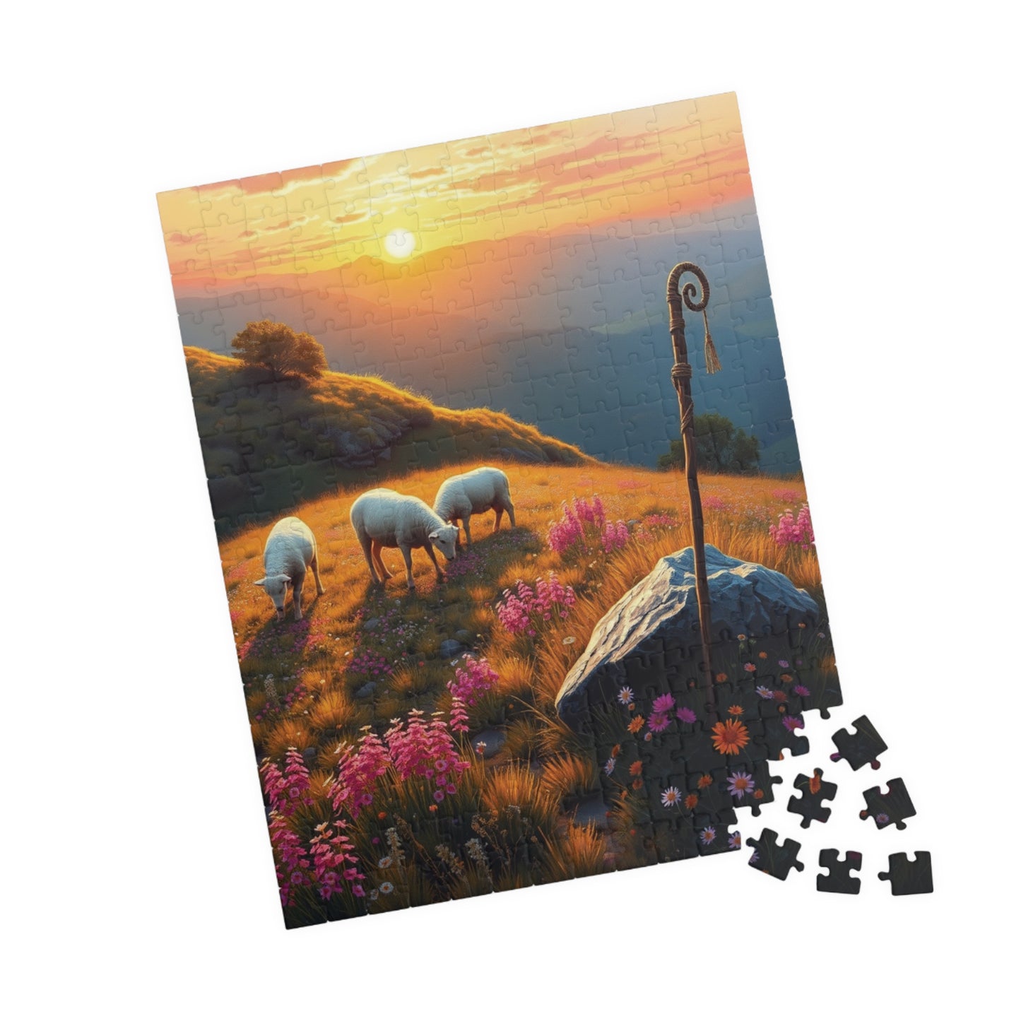 Peaceful Pastoral Sunset Puzzle, Religious Themed Jigsaw Game, Nature-Inspired Serene Landscape with Sheep Grazing on a Wildflower Hill Puzzle The Puzzle Chest