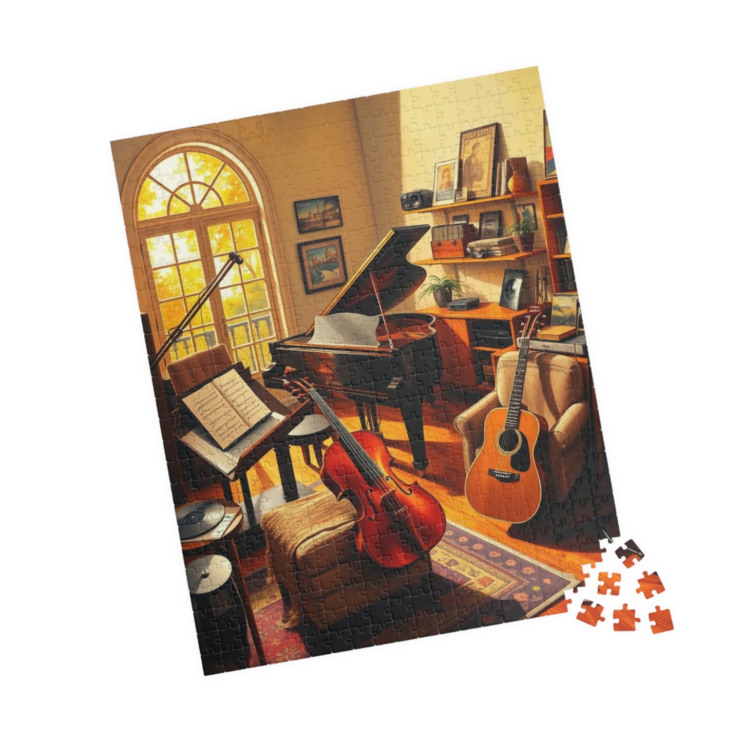 Music Room Puzzle, Grand Piano Violin Guitar and Record Player, Cozy Artistic Studio Musical Retreat Adult Jigsaw Game, Puzzle Lover Gift