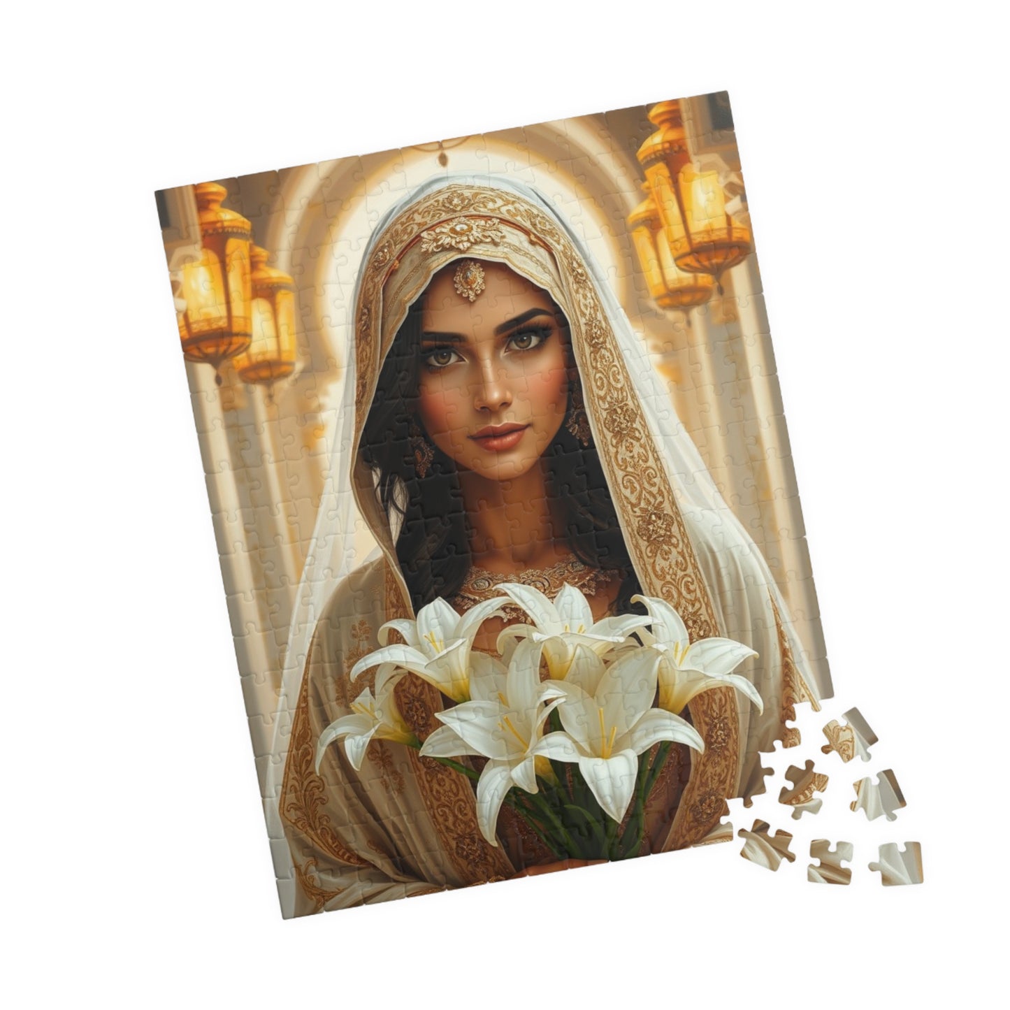 Middle Eastern Bride Puzzle with Gold Ivory Kaftan and Lanterns, Family Friendly Wedding Jigsaw Game, Mindful Activity, Puzzle Lover Gift Puzzle The Puzzle Chest