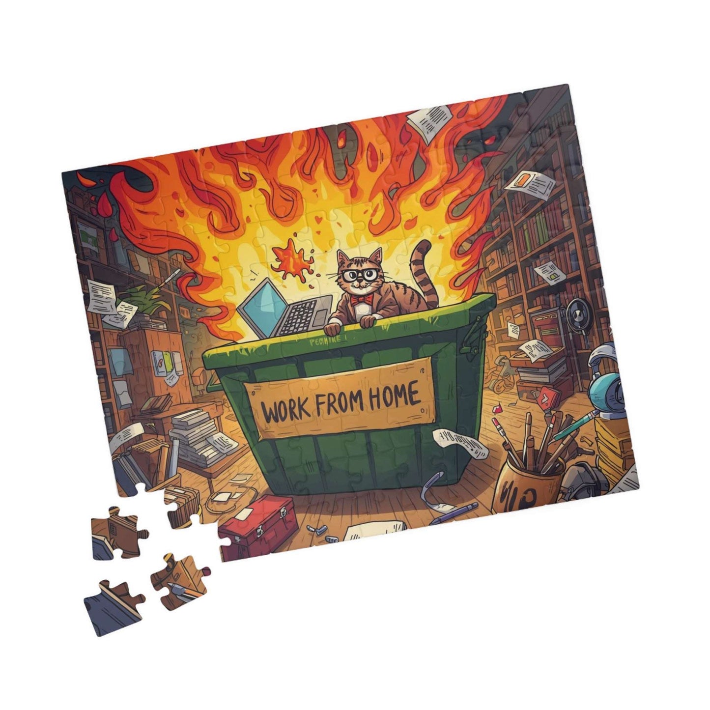 Funny Work From Home Jigsaw Puzzle - Cat Themed Dumpster Fire Meme, Humorous Holiday Birthday Gift for Friends, Family, Co-workers 110 pcs (Horizontal) Puzzle The Puzzle Chest