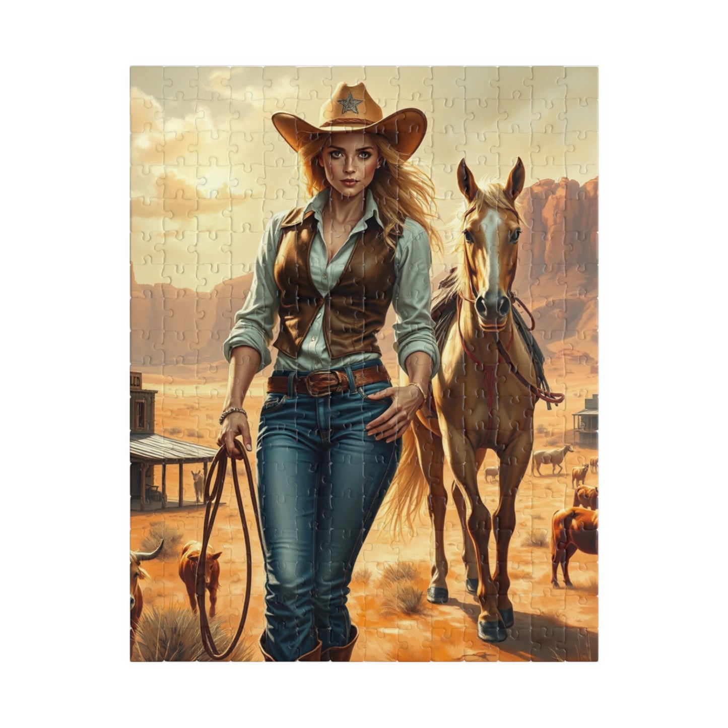 Blonde Cowgirl Puzzle, Palomino Horse Saloon and Grazing Cattle in the Desert, Western Frontier Landscape Jigsaw Game, Puzzle Lover Gift 252 pcs (Vertical) Puzzle The Puzzle Chest