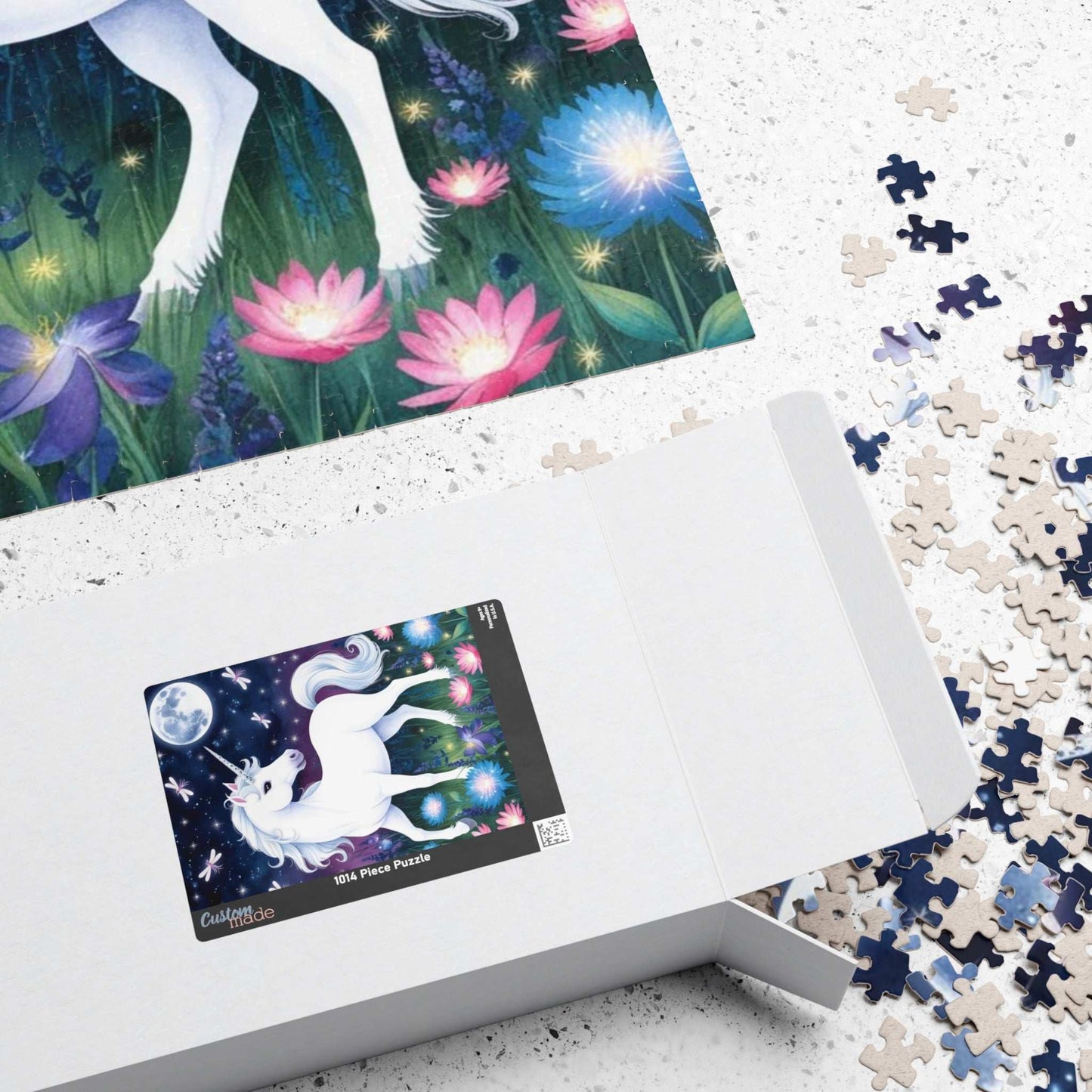 Jigsaw Puzzle, White Unicorn in Meadow, 1000 Piece, Luminous Flowers, Fun Family Activity, Relaxation Toy, Home Decor, Gift Idea, Unicorn Puzzle The Puzzle Chest
