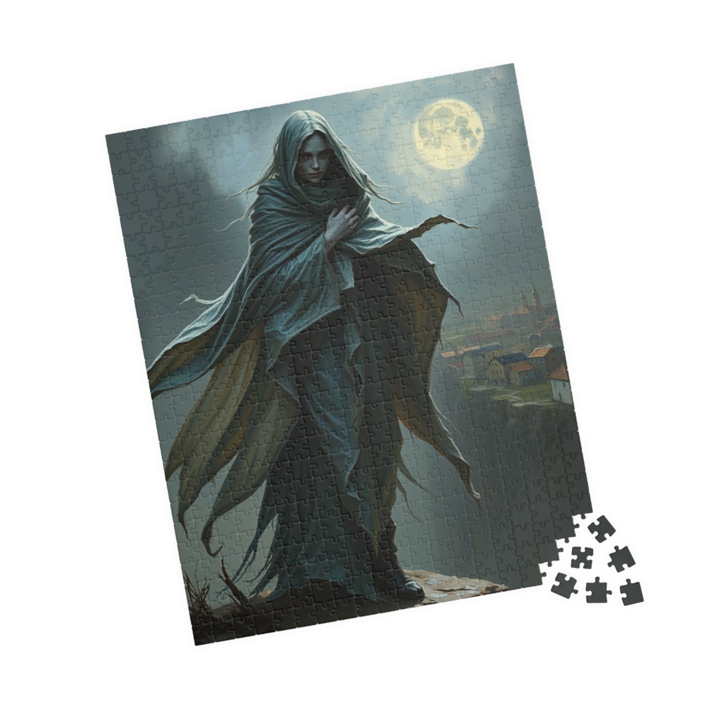 Gothic Puzzle, Banshee Design 110-1014 Piece Jigsaw, Moonlit Village Windswept Cliff Silver Gray Shroud, Unique Gift Idea, Relaxing Activity Puzzle The Puzzle Chest