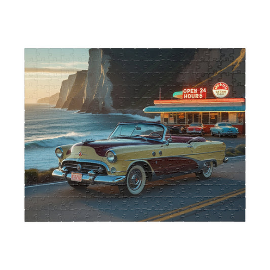 Retro Car Puzzle - Classic 1954 98 Starfire Convertible, Vintage Coastal Scene 252 pcs (Horizontal) Puzzle The Puzzle Chest