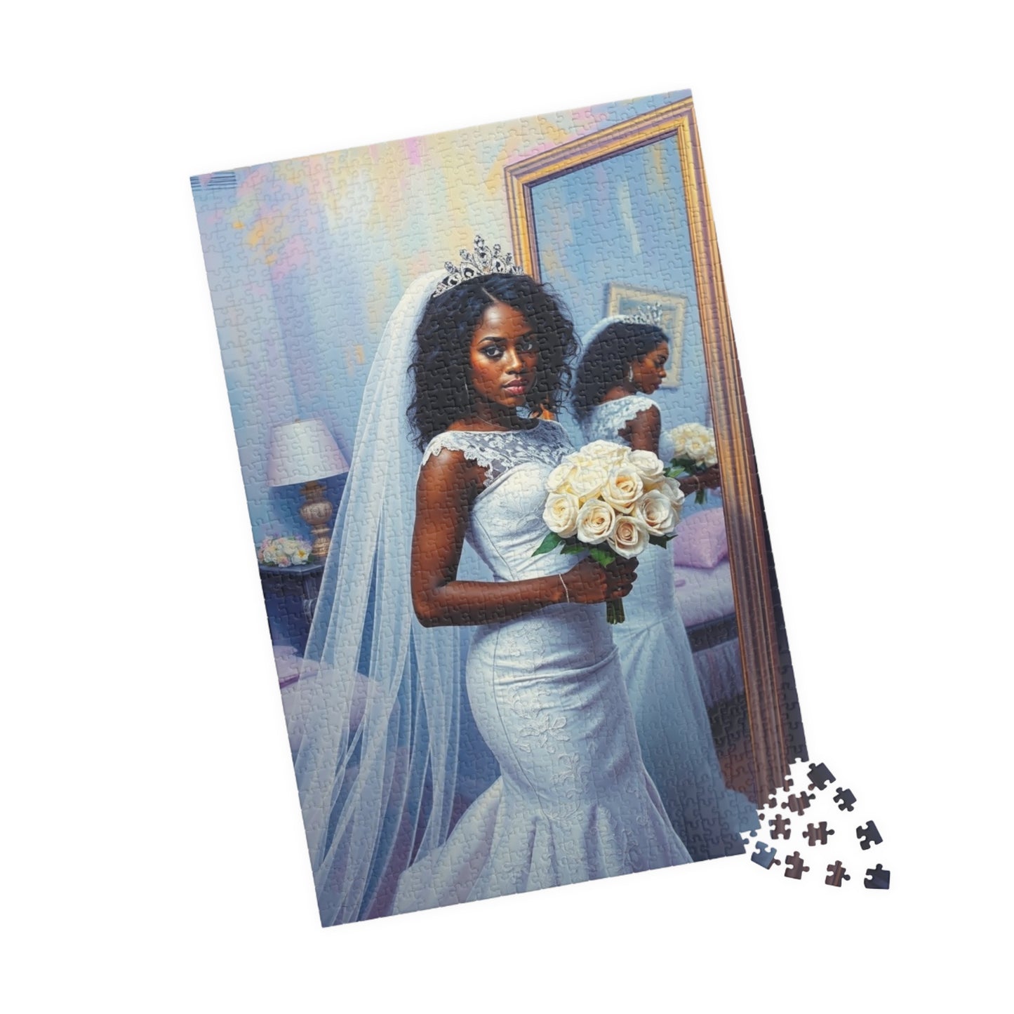 African American Bride Puzzle, White Lace Gown and Tiara, Black Woman Wedding Day Reflection Jigsaw Game Puzzle The Puzzle Chest