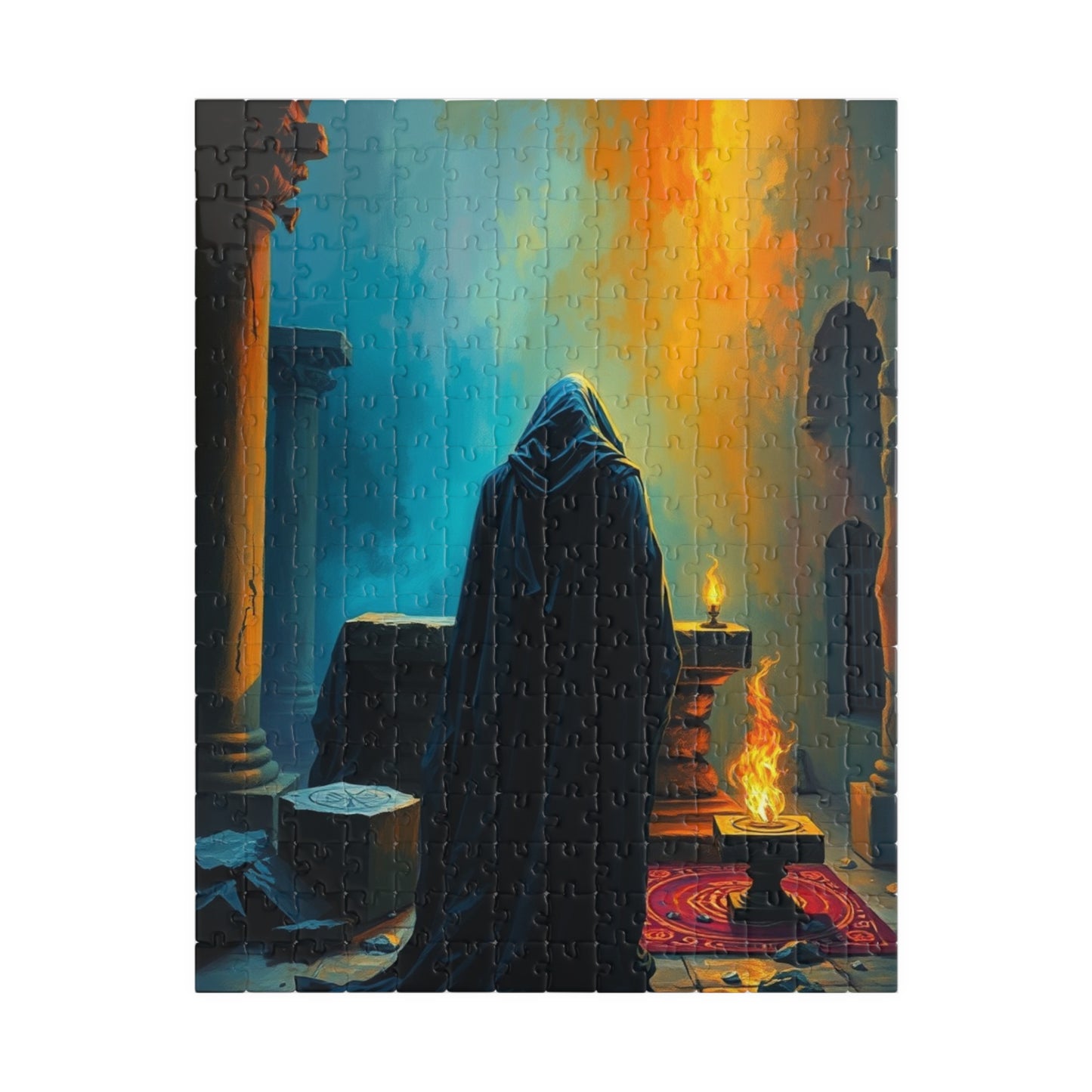 Gothic Jigsaw Puzzle, Dark Shadowy Cloaked Figure Altar Ruined Temple Torchlight Theme, 110 252 520 1014-piece, Wall Art Decor, Lore Gift 252 pcs (Vertical) Puzzle The Puzzle Chest