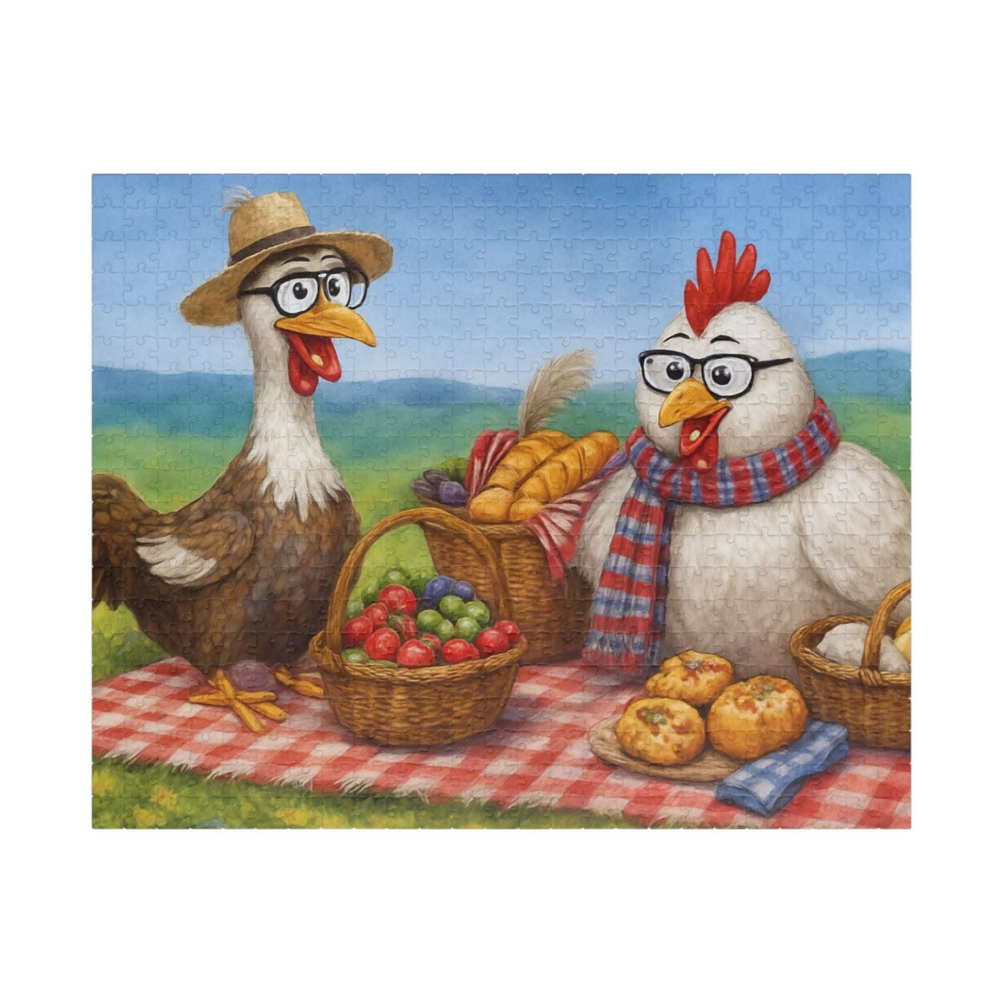 Farmyard Friends Jigsaw Puzzle - Chicken Picnic Scene, Perfect for Family Game Night, Cozy Evenings, Solo Fun, Holiday Birthday Gifts 520 pcs (Horizontal) Puzzle The Puzzle Chest