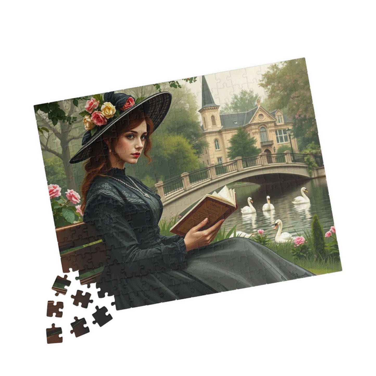 Tranquil Victorian Moment Jigsaw Puzzle - Woman Reading by a Swan-Filled Pond, Elegant 19th Century Scene 252 pcs (Horizontal) Puzzle The Puzzle Chest