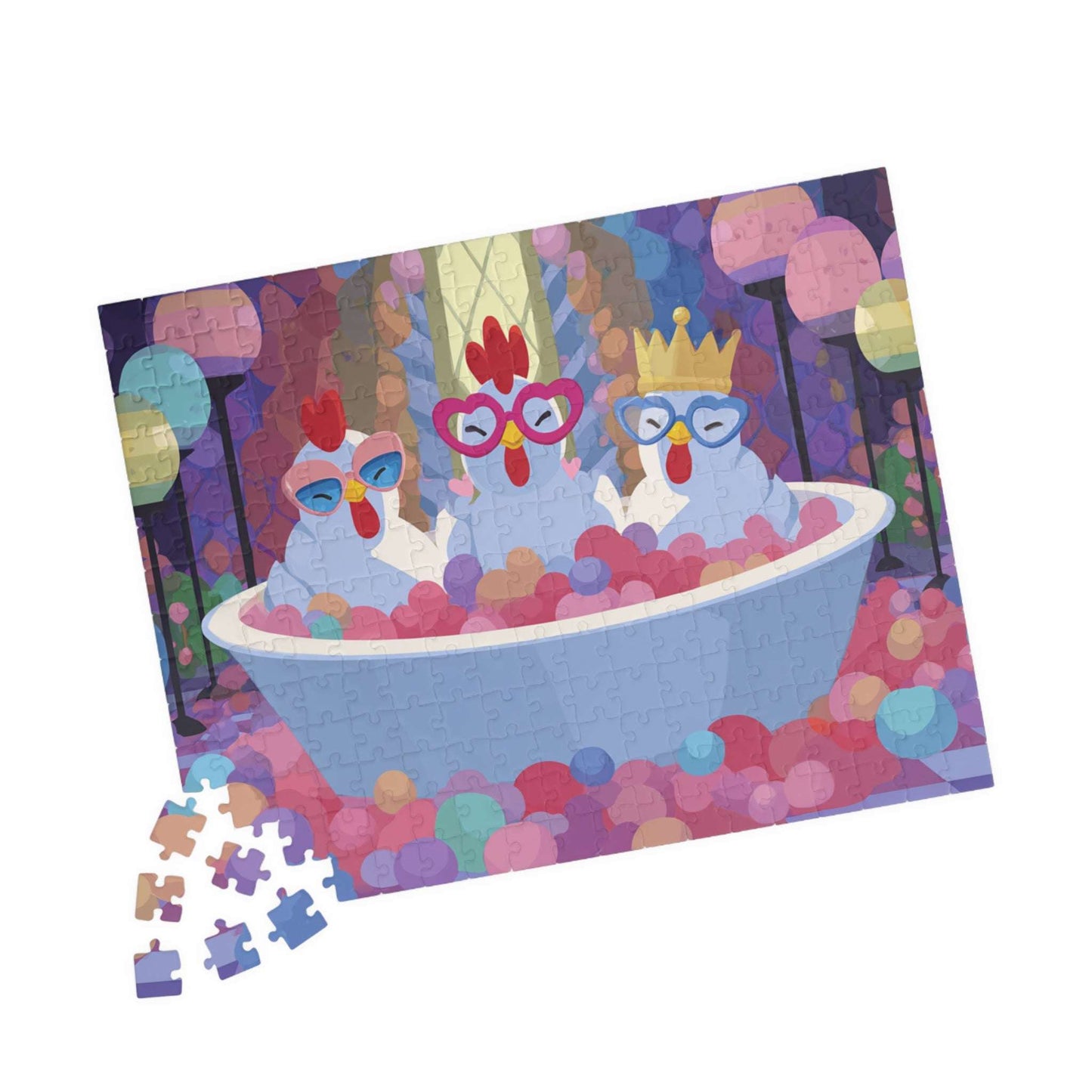 Bubblegum Chicken Puzzle – Quirky Chickens in Candy Spa Bath with Pink Foam, Whimsical Fairy-Tale Jigsaw Puzzle 252 pcs (Horizontal) Puzzle The Puzzle Chest