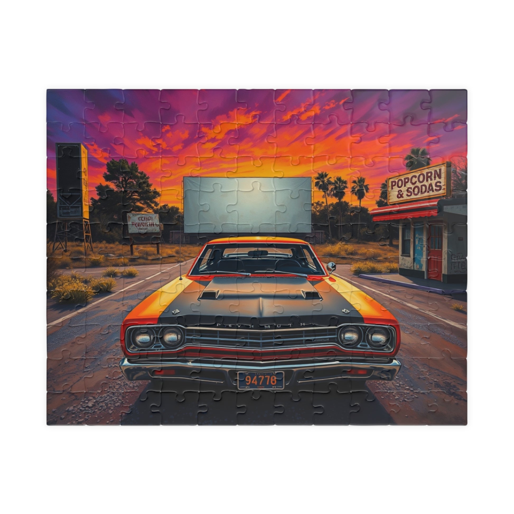 Vintage Car Puzzle, Orange 1969 Road Runner, Sunset Classic Vehicle Scene Nostalgic Drive-In Background 110 pcs (Horizontal) Puzzle The Puzzle Chest
