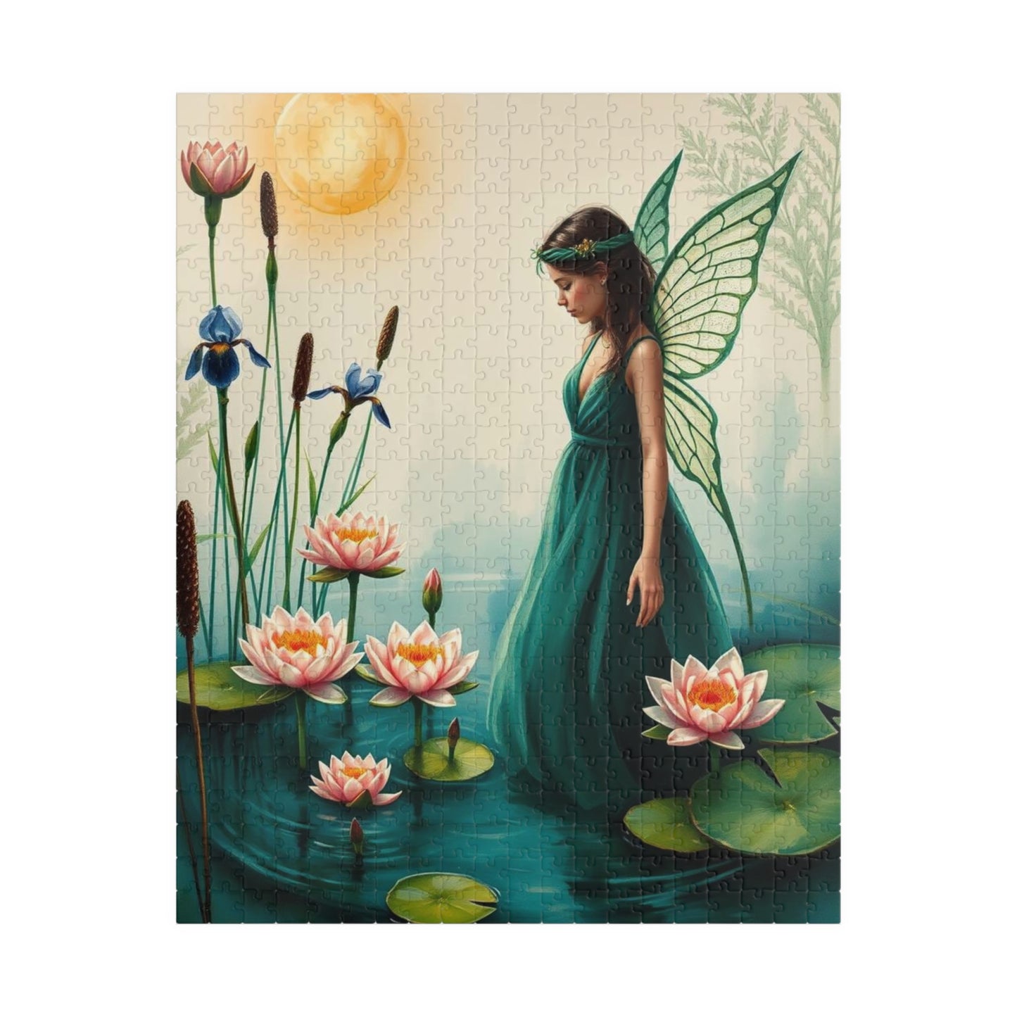 Fairy at the Lily Pond Jigsaw Puzzle - Botanical Fantasy Art in Soft Sage, 110-1014 Piece Mystical Nature Lover Gift, Family Fun Activity