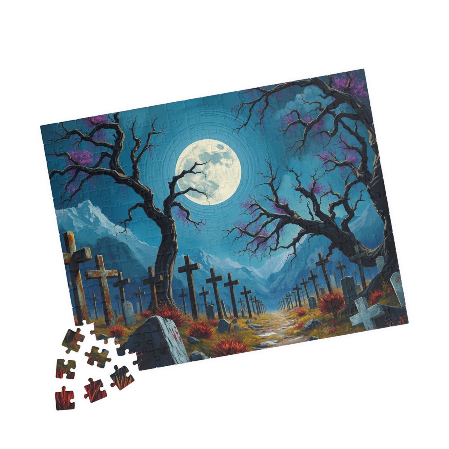 Moonlit Crosses Jigsaw Puzzle - Abandoned Cemetery, Gothic Art Print, Gothic Landscape, Spooky Graveyard Puzzle Lover Dark Fantasy Gift Idea Puzzle The Puzzle Chest