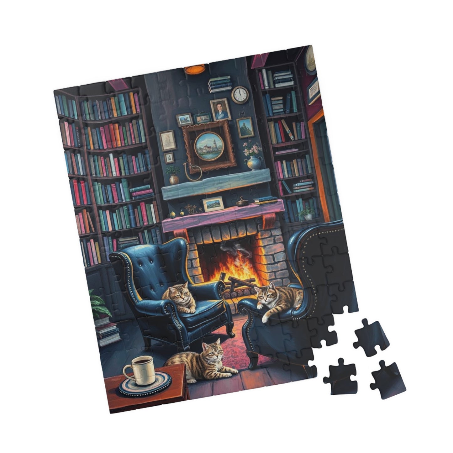Cozy Cat-Themed Reading Room Puzzle - Home Library Jigsaw Game Perfect for Cat Lovers, Family Fun, Bookish Gift Idea, Quiet Leisure Activity